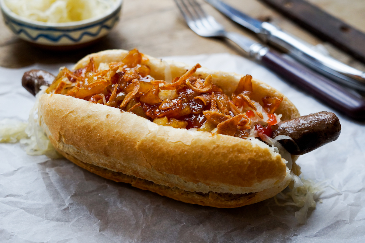 Hotdog, topped with caramelised apples?